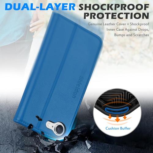 SHIELDON Real Leather Wallet Case for iPhone 17e/16e 6.1, Sapphire Blue