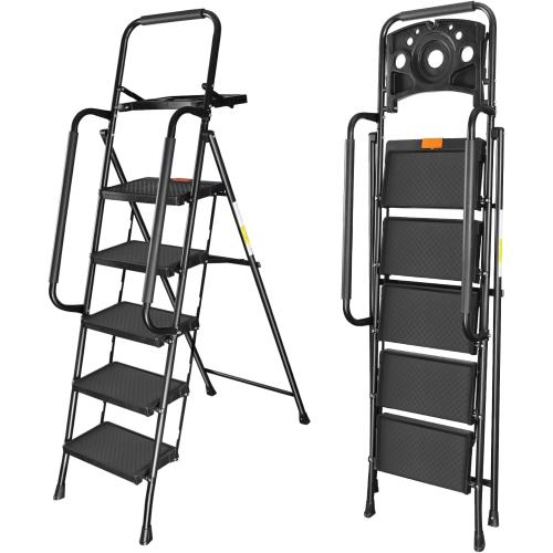 Valeo 5 Step Ladder with Handrails,500 Lbs Capacity,Folding Step Stool Ladder with Tool Platform,Wide Anti-Slip Pedal,Step Ladder 5 Step Folding,Multi-use for Home,Kitchen,Office,Black