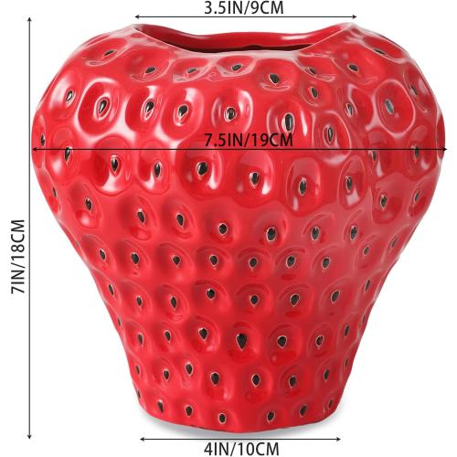 Strawberry Ceramic Flower Vase, Decorative Cute Ornament Vase for Aesthetic Decor Flower Arrangement, Unique for Colorful Modern Vintage Home Kitchen Office Decor Centerpiece, Red 7inch