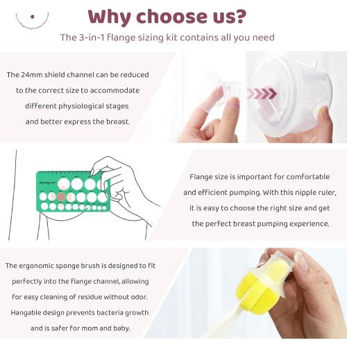 Flange Sizing Kit 3 in 1 with 10PCS Flange Inserts 13/15/17/19/21mm, Silicone Breast Pump Flanges Insert Kit for 24mm Electric Breast Pump, Pumping Breastfeeding Essentials Kit for New Mom