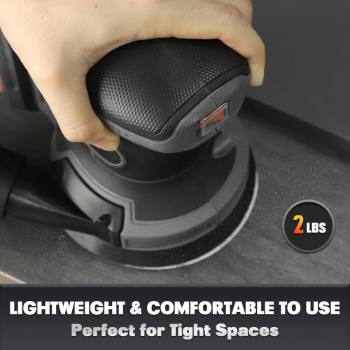 Black and Grey 5 Mellif 5 Inch Random Orbital Sander Compatible with Dewalt 20v Max Battery, Cordless Brushless Palm Orbit Sander, Dust Bag, 6 Speeds, 12000 OPM, 2.0 Battery & Charger Kits, 10PCS Sandpaper Sheets