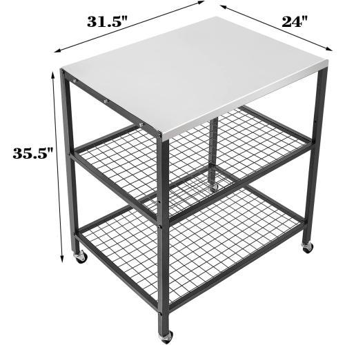 Stainless Steel Outdoor Grill Cart Pizza Oven Stand Trolley Table with Wheels Three-Shelf Movable Food Prep and Work Table Heavy Duty Grill Carts Outdoor Cart 31.5×24×35.5