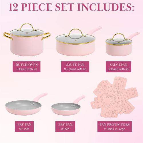 Paris Hilton Epic Nonstick Pots and Pans Set, Multi-layer Nonstick Coating, Tempered Glass Lids, Soft Touch, Stay Cool Handles, Made without PFOA, Dishwasher Safe Cookware Set, Pink