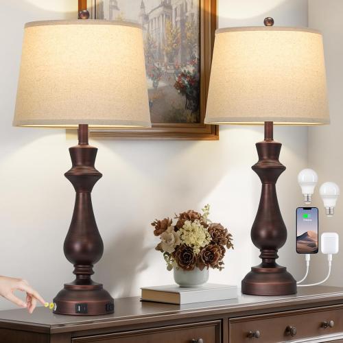 Vintage Table Lamps Set of 2 for Living Room,30 Tall Bedside Lamp with USB Charging Port,3-Way Dimmable Touch Nightstand Lamp for Bedroom Desk Side Table Office,Brown