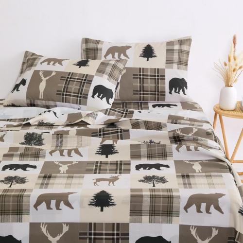 Wake In Cloud - Rustic Bed Sheets, 3-Piece Sheet Set, Cabin Christmas Lodge Western Country Bear Deer Holiday RV Outdoor Theme Bedding, Deep Pocket, Taupe, King  Size
