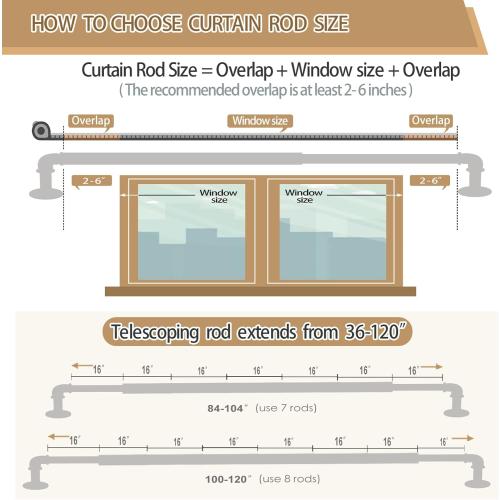 OLV Gold Industrial Curtain Rods for Windows 66 to 120 Inch(5.5 to 10 Feet), 1 Inch Diameter Blackout Wrap Around Adjustable Heavy Duty Window Drapery Rods, Indoor and Outdoor