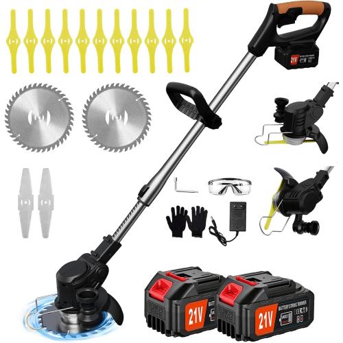 Electric Weed Wacker Cordless, 21V Weed Cordless Eater with 2Pcs 4.0Ah Batteries,3 in 1 Brush Cutter, Lightweight Grass Trimmer/Lawn Edger for Garden Yard (Black)