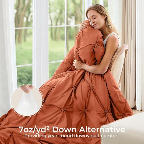 Sasttie King Size Comforter Set, 7-Piece Bed in a Bag, Pintuck Bedding Set for All Season, Includes Comforter, Flat Sheet, Fitted Sheet, Pillowcases and Pillowshams, Burnt Orange