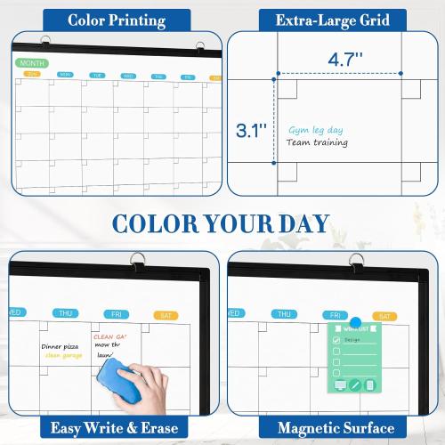 WALGLASS Dry Erase Calendar Whiteboard for Wall, 36 x 24 Double-Sided Monthly Calendar White Board with Black Aluminum Frame, Hanging or Wall Mount Whiteboard for Home, Office, School