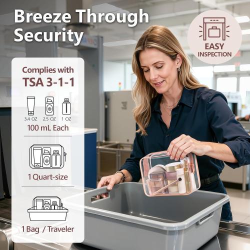 PACKISM TSA Approved Toiletry Bag - Clear Makeup Bag 3 Pack Medium, Quart Size Bag for 3-1-1 Liquids with Metal Smooth Zipper, Travel Makeup Bag for Women Men, Airport Airline Compliant Bag, Rose Pink