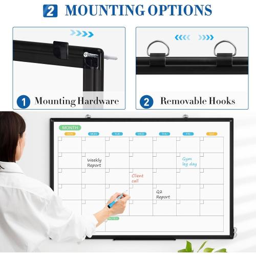 WALGLASS Dry Erase Calendar Whiteboard for Wall, 36 x 24 Double-Sided Monthly Calendar White Board with Black Aluminum Frame, Hanging or Wall Mount Whiteboard for Home, Office, School