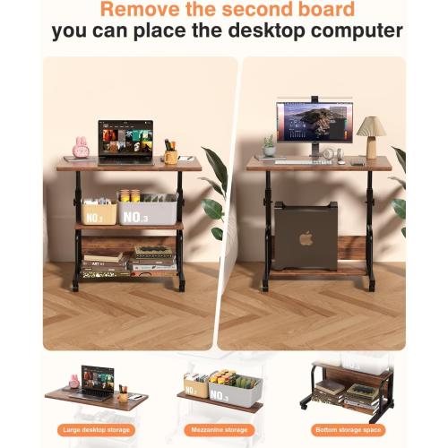 QZMDSM Portable Rolling Desk on Wheels Adjustable Height Desks for Small Spaces, 32 Computer Desk Drafting Tables with Storage Shelves for Home Office Rustic