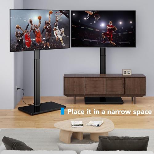 AX WABER Floor TV Stand with Power Outlet, Universal TV Stand Mount for 27-65 inch TV up to 88lbs, 70 Degree Swivel 9 Level Height Adjustable with Tempered Glass Base for Bedroom, Office Black