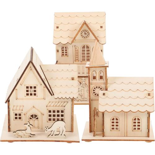 3 Pcs Christmas Village Houses: Led Light Wooden House with Battery, Unfinished Rustic Holiday Village Decor - Perfect for Christmas Table Centerpieces, Xmas Party Decorations,DIY Crafts