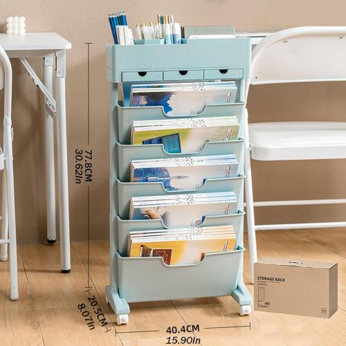 Movable Bookshelf with Wheels, 6 Tier Rolling Bookshelf Cart, Portable Bookshelf on Wheels, Moveable Bookshelf Cart for Kitchen Bathroom Bedroom Office, Mobile Book Shelf Organizer(Blue)
