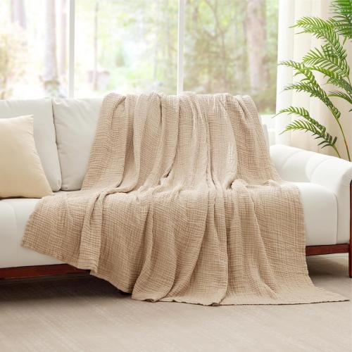 product is good -damage box -100% Cotton Blanket Large 106in.X94in ( 269 cmx239cm) .  Layers Muslin Blankets, Cooling and Soft Throw Blanket for Couch, Breathable Quilt Bedspread, Gauze Bedding for Adults, Oatmeal, Beige Linen