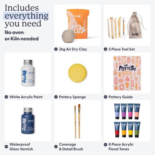 Sculpd - The Original Pottery Kit for Adults - Includes Air Dry Clay for Adults, Sculpting Tools, Varnish, Paint Brushes, Guides, Couples Date Night Arts & Crafts Set, Gloss Varnish with Floral Tones