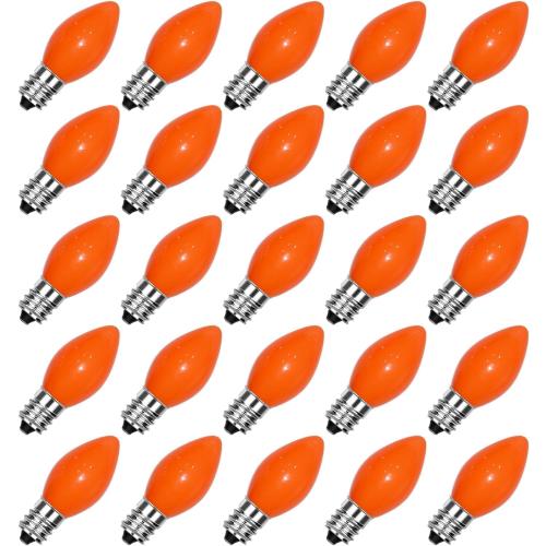 25 Pack C7 Halloween Replacement Bulbs, Ceramic Orange Christmas Light Bulbs for Indoor/Outdoor String Lights, E12/C7 Candelabra Base, 5W Incandescent Night Light Bulbs