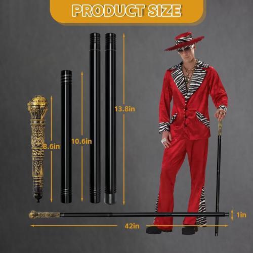 Costume Pimp Cane, 42 Metal Prop Stick with Antique Gold Plastic Handle Cosplay Accessories for Halloween Dress-up Party, Suit for All Ages