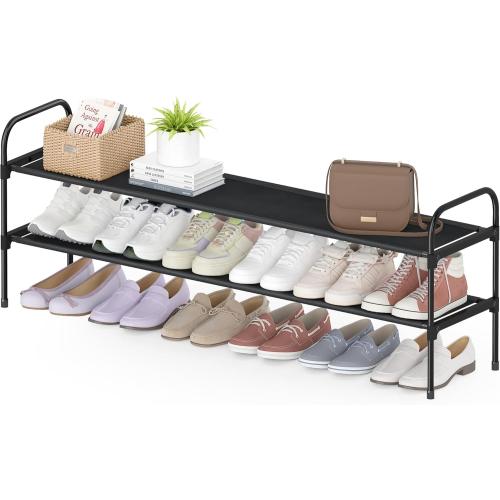Black 48.5x12.1x17.8 2 Tier Long Shoe Rack for Closet, Screw Fastened Plastic Connector Shoe Storage Organizer, Non-Woven Fabric Metal Shoe Shelf, Holds 18-21 Pairs for Front Door Entrance, 48.5x12.1x17.8