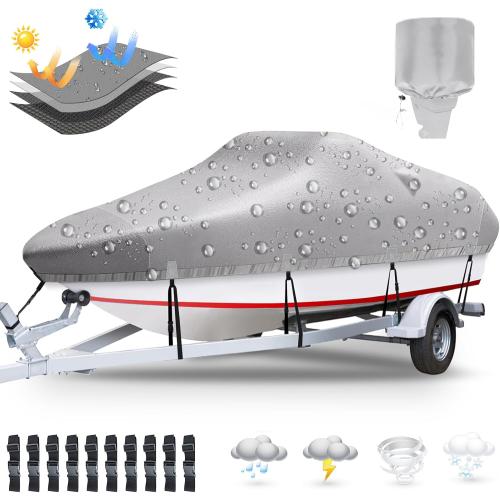 Item name: boat Cover  fabric: 100% polyester - size: 17-19'x96 .Boat Covers 17-19ft, Heavy Duty 1200D Oxford Waterproof Trailerable Boat Cover, UV Resistant Bass Boat Covers with Motor Cover, Fits V-Hull Tri-Hull Fish&Ski Boat, Runabout