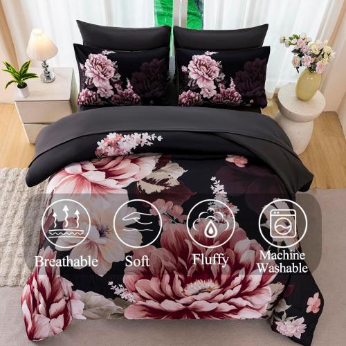 Black-Gray Floral Comforter Set Queen Size 7 Pieces Peony Bed in A Bag Ornate Elegant Botanical Flower Bedding Set for Women Home Decor(Black-Gray, Queen)