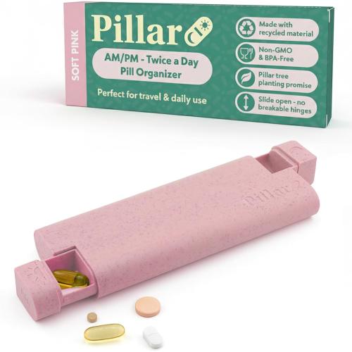 Pillar AM/PM Pill Box Organizer Two Times a Day | Aesthetic 7 Day Tablet Organizer 2 Times A Day | Beautiful Weekly Pill Box for Day and Night Medication (Soft Pink)
