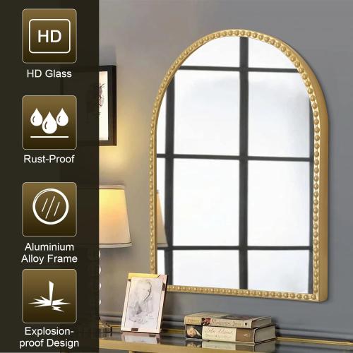 Gold Arched Mirrors for Wall, Beaded Framed Metal Accent Wall Mirror Decorative Bathroom Living Room Bedroom Entryway 30x20
