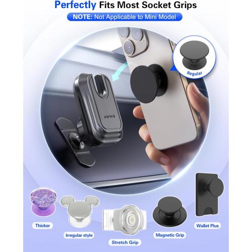 pop-tech Car Phone Mount for Socket Grip, Adjustable Strong Sticky Cell Phone Holder, Dashboard Adhesive Socket Car Mount Compatible with Thick Wallet Grip for iPhone Samsung Card Holder