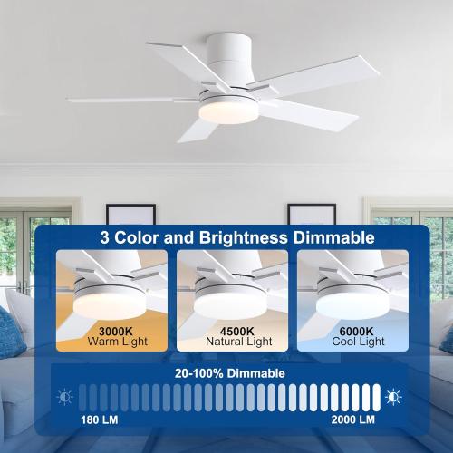 42 Inch Ceiling Fans with Lights and Remote,Flush Mount White Ceiling Fan with 5 Blades,6 Speed Reversible DC Motor,3CCT Dimmable LED-Low Profile Design for Bedroom, Living room & Covered Outdoor