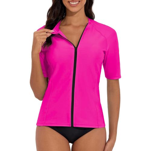 Hot Pink 2XL Tournesol Women's Rash Guard Short Sleeve Swim Shirt Zip Front Swim Top UV Sun Protection Swimsuit Top No Bra