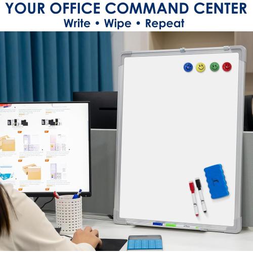 Whiteboard Set - Dry Erase Board 18 x 24 in with 1 Magnetic Dry Eraser, 4 Drywipe Markers and 4 Magnets - Small White Hanging Message Scoreboard for Home and Office (18x24 in)