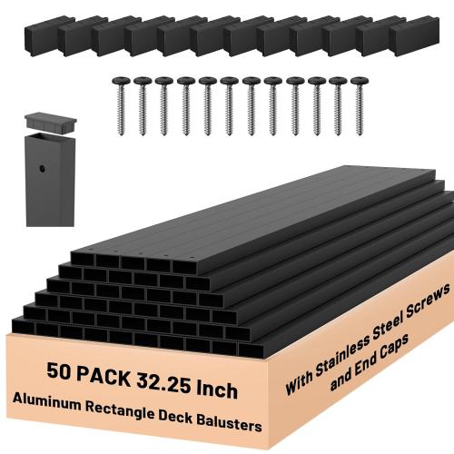 ZONEGRACE 50 Pack Black Aluminum 32.25 Inch Deck Railing Balusters (Rectangle) with End Caps & Stainless Screws, Outdoor Face Mount Metal Spindles for Porch Stair