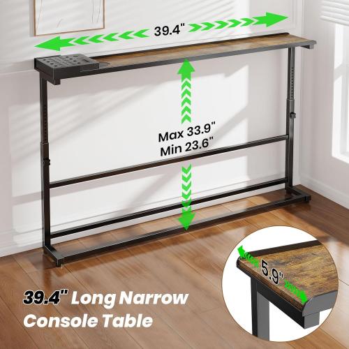 SENBOWE 39.4 Behind Couch Table with Power Outlets - Adjustable Height Narrow Sofa Table for Living Room, Skinny Console Table Behind Sofa with USB & AC Ports, Space-Saving