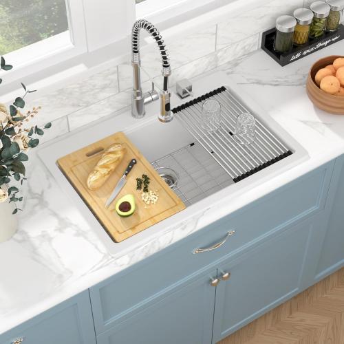 Sarlai 33 Inch Composite Granite White Kitchen Sink - 33x22 Inch Kitchen Sink Workstation Drop In Topmount Sinks Granite Quartz Sinks Single Bowl Above Counter Basin