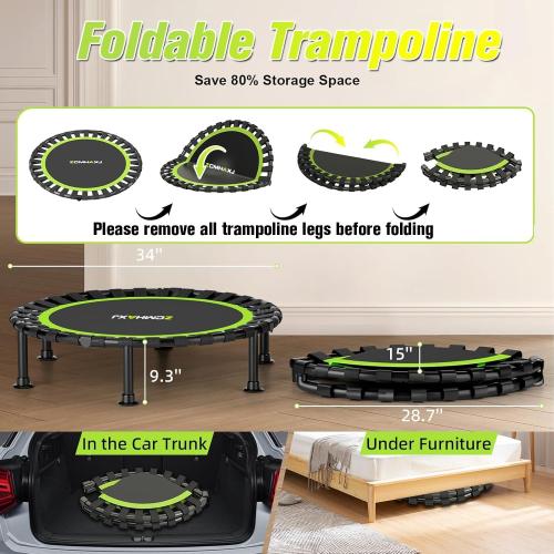 Black and Green Foldable Mini Trampoline, 40/48 Rebounder Trampoline for Adults & Kids, 440lbs Capacity Indoor Fitness Workout Exercise Equipment