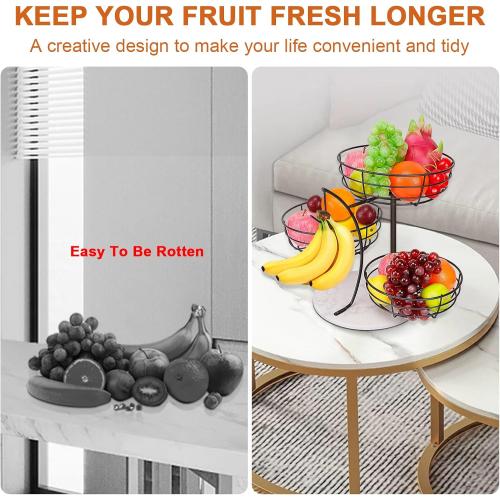 Livabber Fruit Basket Bowl with Banana Hanger, Metal Fruit Vegetable Storage Basket with Banana Holder for Kitchen Counter, Detachable Organizer for Bread Snack Produce (Black, 3-Tier Marble Base)
