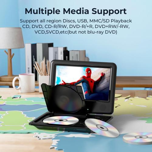 DBPOWER 11.5 Portable DVD Player, 5-Hour Built-in Rechargeable Battery, 9 Swivel Screen, Support CD/DVD/SD Card/USB, Remote Control, 1.8 Meter Car Charger, Power Adaptor and Car Headrest (Black)