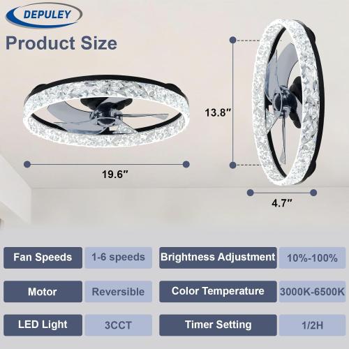 Depuley Bladeless Ceiling Fans with Lights: 20 Black Modern Low Profile Flush Mount Ceiling Fan with App Remote Control - Bedroom Enclosed Crystal Fandelier with Dimmable LED for Living Room Kitchen