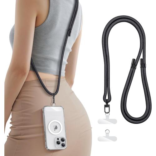 for Phone Lanyard Crossbody with 2X TPU Clear Tabs, Adjustable Anti Theft Strap, Premium Metal Buckles, Comfortable Universal Neck Wrist Lanyard for Travel Outdoor, Black