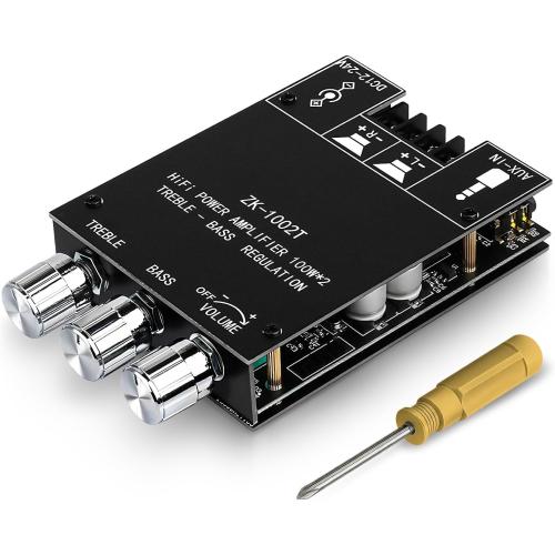 ZK-1002T 100W 100W Bluetooth Amplifier Board, 2.0 Channel Bluetooth 5.0 Subwoofer Audio AMP with Treble and Bass Control, DC12-24V, BT and AUX Inputs, TPA3116D2 Chip Stereo AMP Board for DIY Speakers