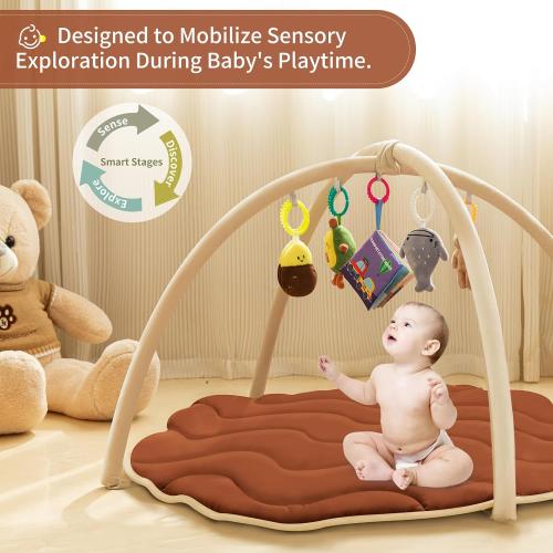 Baby Play Gym Mat, Tummy Time Mat with 5 Detachable Toys, Oversize Cute Pinecone Shape, Large Sensory Playmat for Floor, Newborn Infant Baby Essentials Shower Gift 6-9-12 Months, Brown