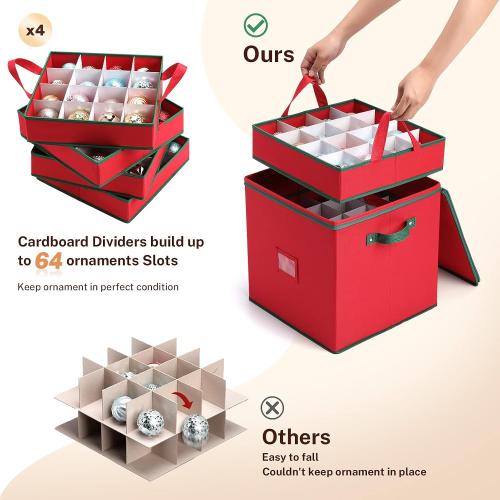 MaidMAX Ornament Storage Box, Christmas Ornament Storage, Ornament Storage | 64 Christmas Balls Storage Containers with Adjustable Dividers, Zippered Closure, 4 Removable Trays, 600D Oxford, 13x13x13