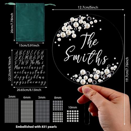 Geelin Wedding Cake Toppers DIY Acrylic Round Cake Topper with Pearl and Diamond Stickers Letter Transfer Sticker and Drawstring Bag Bride and Groom Party Decor for Engagement Anniversary Birthday