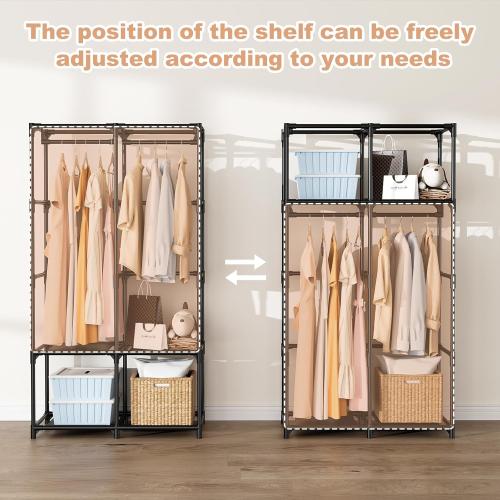 Portable Closet for Hanging Clothes, Portable Wardrobe Closet with Cover, 4 Storage Shelves, 2 Hanging Rods and 8 Side Pockets, Easy Assembly and Sturdy Free Standing Closet for Bedroom, Black