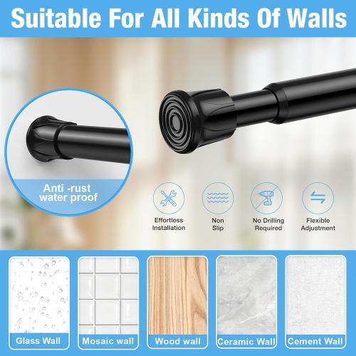 Tension Curtain Rod 28-48 Inch 2 Pack Black Adjustable Spring Curtain Rod