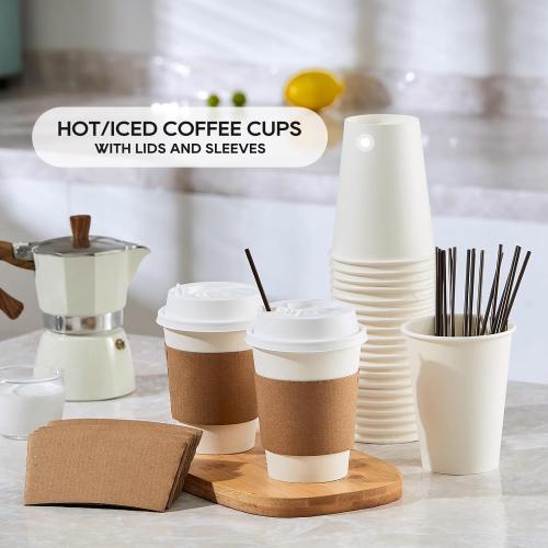 [100 Pack] 12 oz Paper Coffee Cups, Disposable Paper Coffee Cup with Lids, Sleeves, and Stirrers, Hot/Cold Beverage Drinking Cup for Water, Juice or Tea, Suitable for Home, Shops and Cafes
