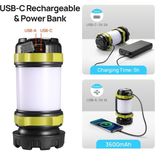 2 Pack LED Camping Lantern Flashlight Rechargeable, Consciot Portable Torch with 6 Light Modes, 3600mAh Power Bank, IPX4 Waterproof, USB C, Camping Lights for Hurricane, Emergency, Survival Kits