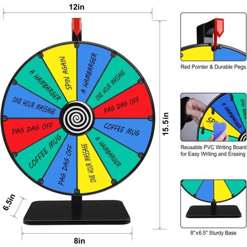 Pionites 12 Inch 12 Slots Prize Wheel Tabletop Fortune Spin with Dry Erase Marker and Eraser for Engaging Home Parties, Trade Show, Carnival Events (12'' 12slots)