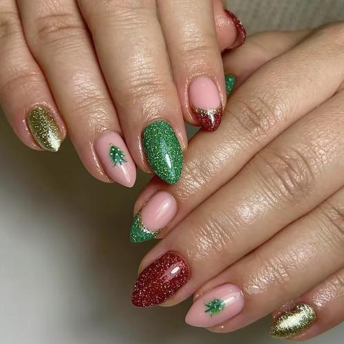 24Pcs Christmas Almond Fake Nails Short Press on Nails Pink Green Golden Acrylic Nails French Tip with Xmas Tree Glossy Glitter Glue on Nails Winter Stick on Nails Christmas Nails for Women